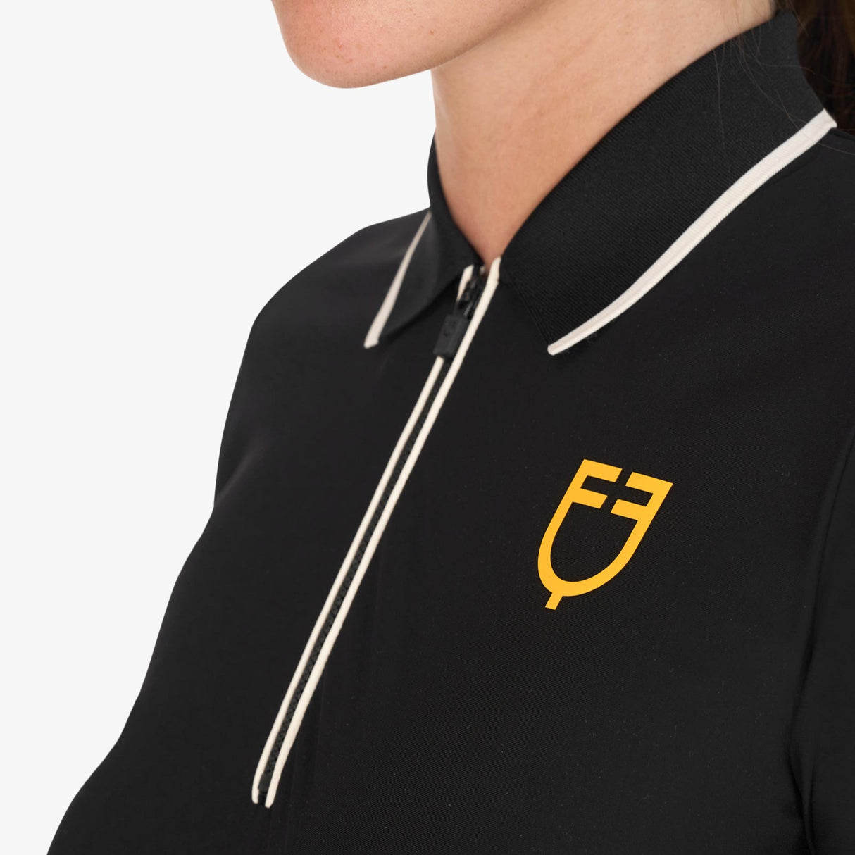 Equestro Women's Slim Fit Training Polo Shirt With Zip And Chest Logo #colour_black-white