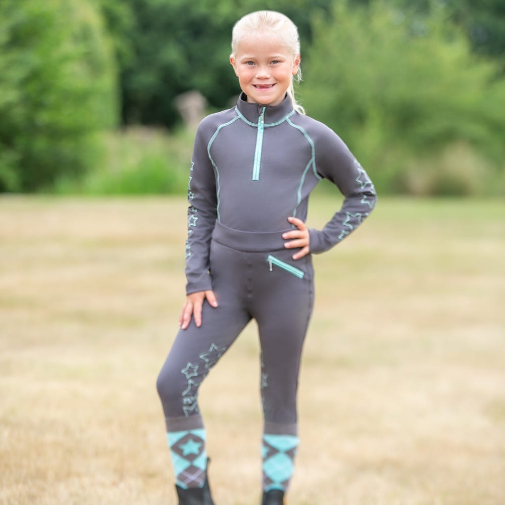 Hy Equestrian Stella Children's Riding Tights #colour_charcoal-mint