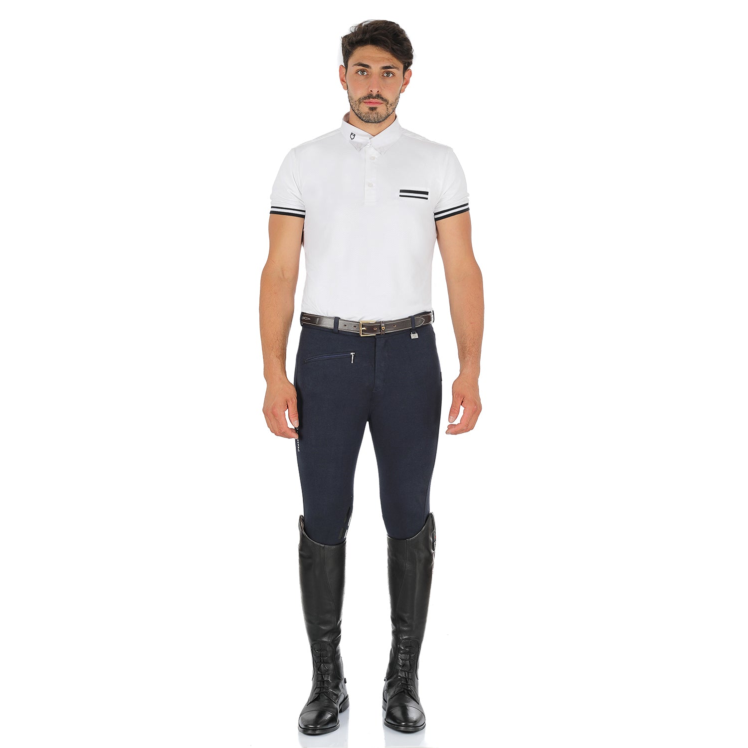 Equestro Zeus Men’s Stretch Cotton Breeches with Knee Grip #colour_blue