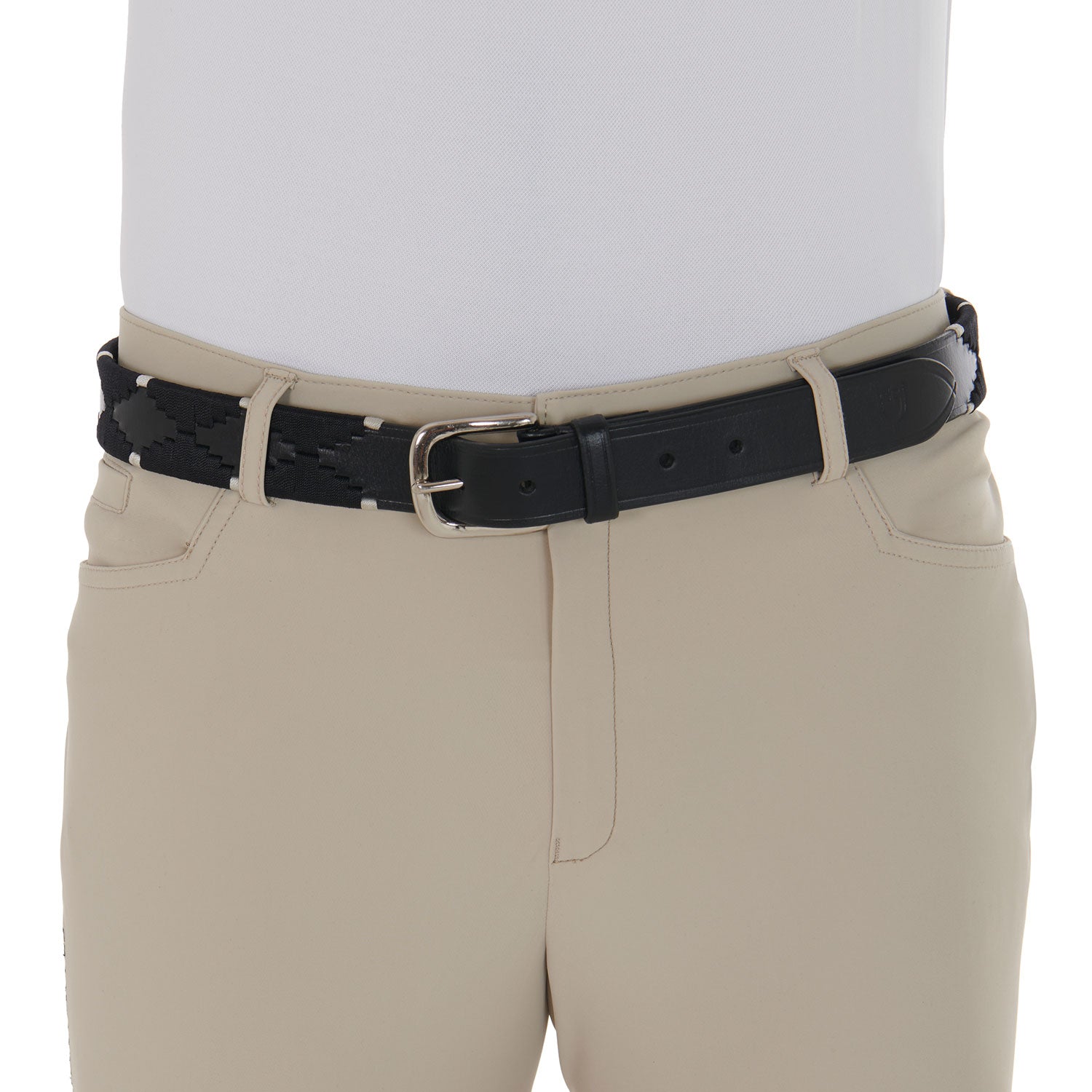 Equestro Leather Belt With Black And White Embroidery #colour_black