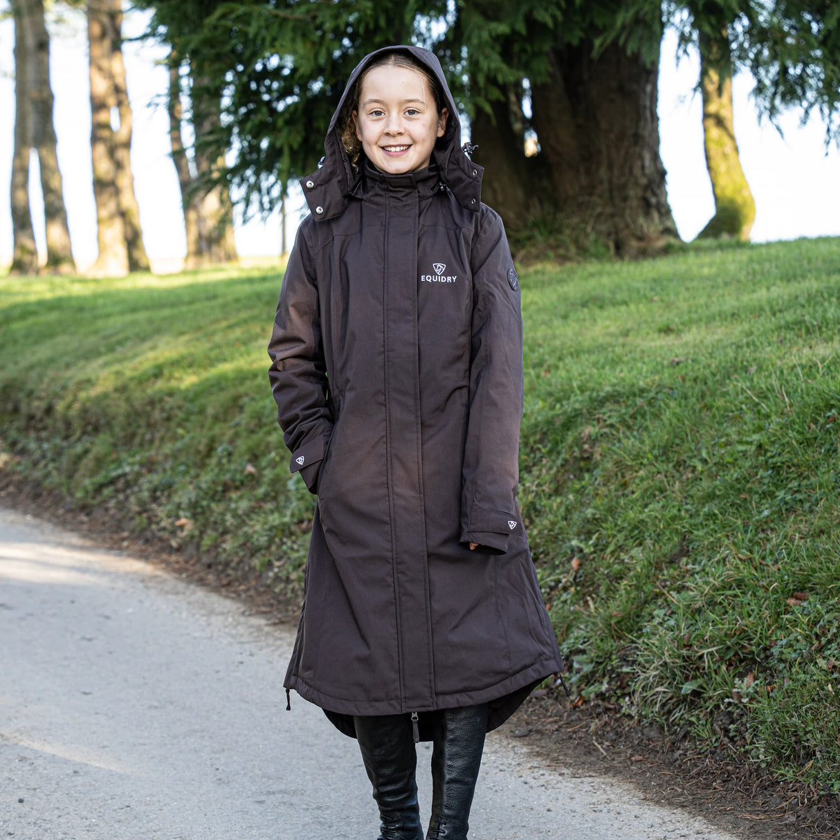 EQUIDRY Girl's Bronte Riding Coat with Removable Hood #colour_brown