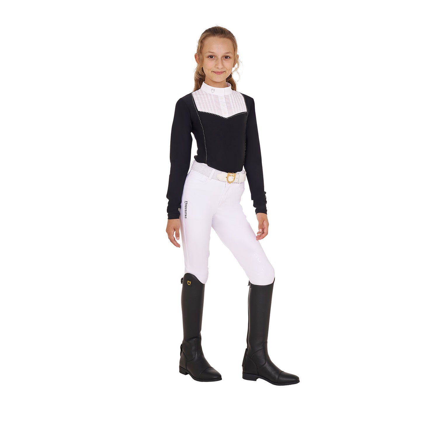 Equestro Girls' Slim Fit Competiton Polo Shirt Rhinestones #colour_black
