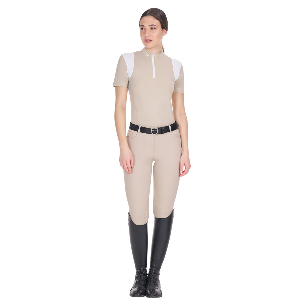 Equestro Women's Slim Fit Training Polo Shirt with Mesh Inserts #colour_beige