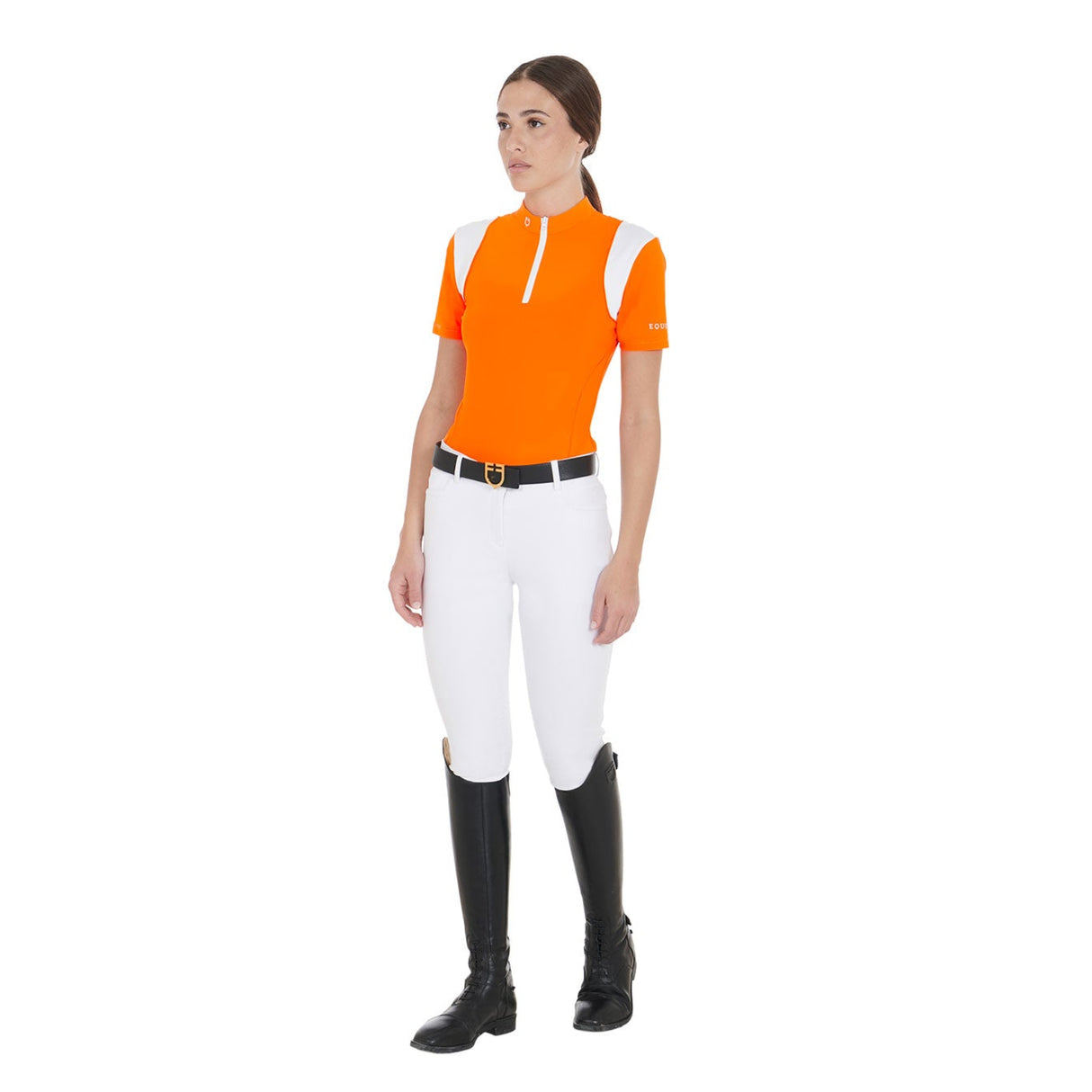Equestro Women's Slim Fit Training Polo Shirt with Mesh Inserts #colour_orange