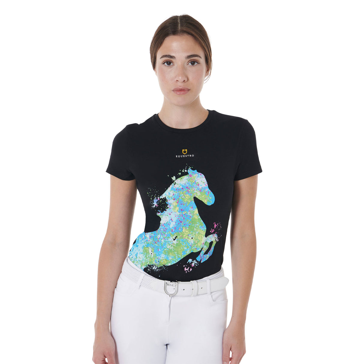 Equestro Women's Slim Fit T-Shirt With Abstract Horse Print #colour_black