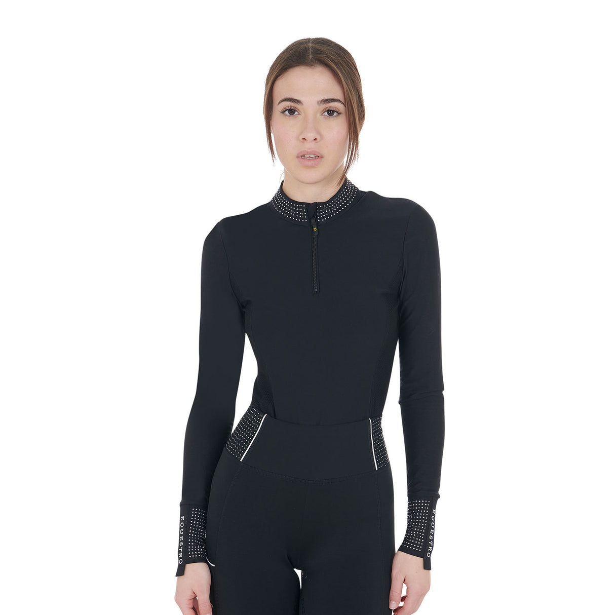 Equestro Women's Technical Training Polo Shirt with Rhinestone Details #colour_black