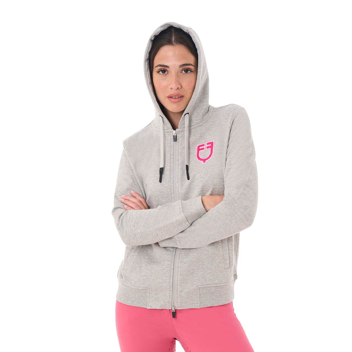 Equestro Women's Hoodie With Zip And Sponge Logo #colour_grey-fucsia
