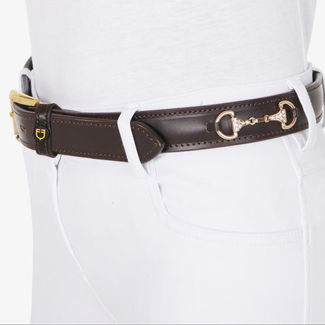 Equestro Leather Belt With Snaffle Bits And Rhinestones #colour_brown-gold