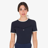 Equestro Women's Slim Fit Training T-Shirt With Chest Ruffles #colour_blue-white
