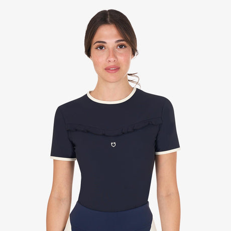 Equestro Women's Slim Fit Training T-Shirt With Chest Ruffles #colour_blue-white