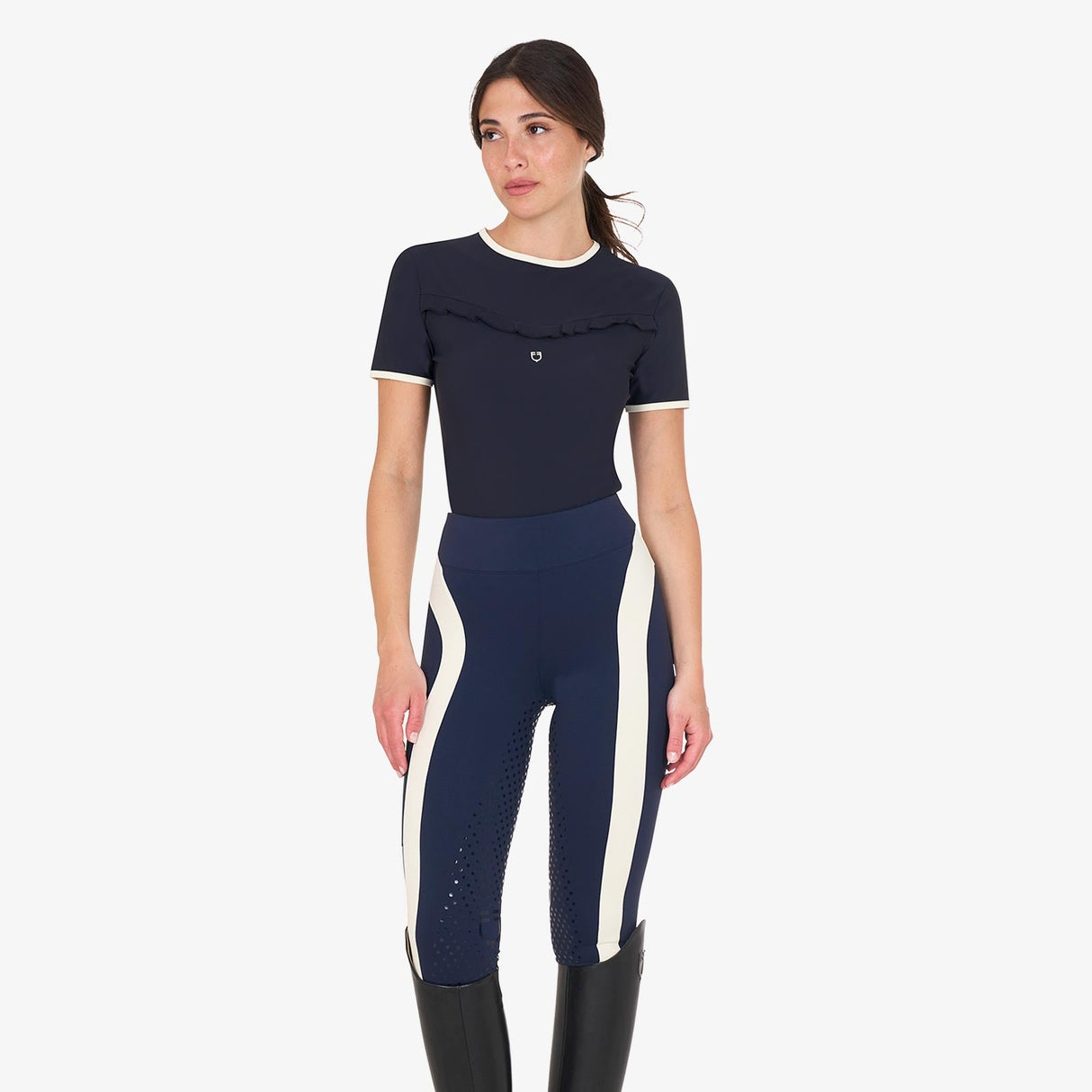 Equestro Women's Slim Fit Training T-Shirt With Chest Ruffles #colour_blue-white