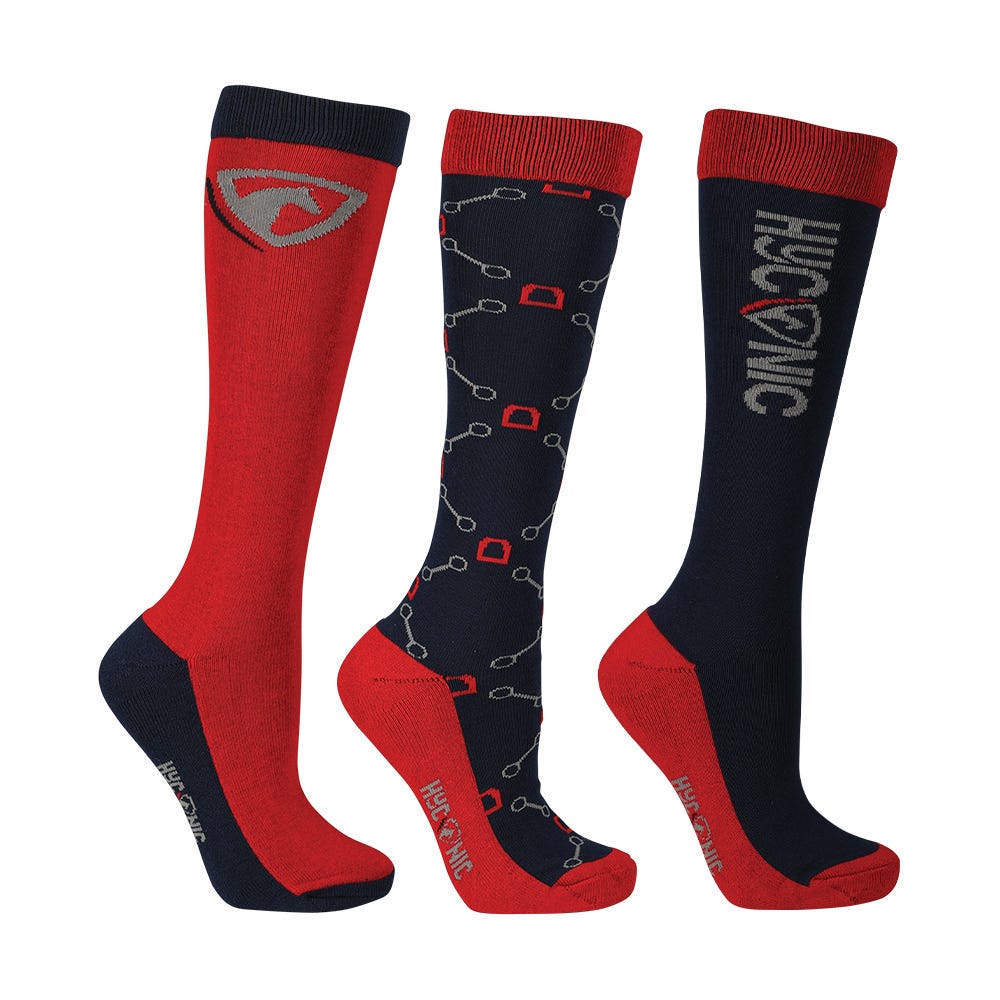 HYCONIC Pattern Socks by Hy Equestrian Pack of 3 #colour_navy-red