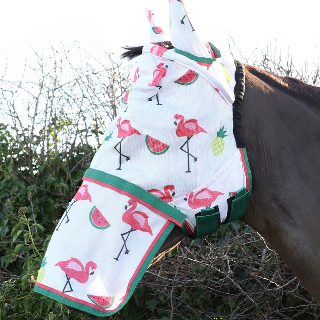 Hy Equestrian Flamingo Fly Mask with Ears and Detachable Nose #colour_green-white-pink