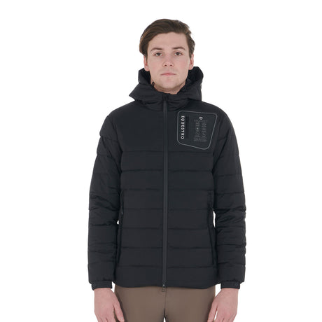 Equestro Men's Stretch Fabric Down Jacket Silicone Patch #colour_black