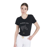 Equestro Women's Slim Fit T-Shirt Horse Life With Rhinestone #colour_black