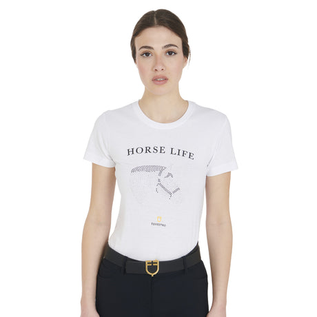 Equestro Women's Slim Fit T-Shirt Horse Life With Rhinestone #colour_white