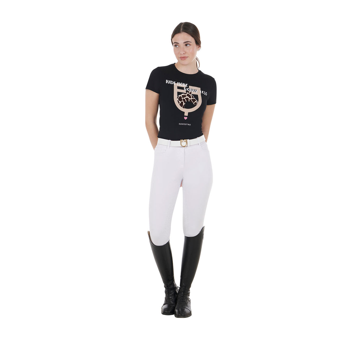 Equestro Women's Slim Fit Cotton T-Shirt Ride More Worry Less Print #colour_black