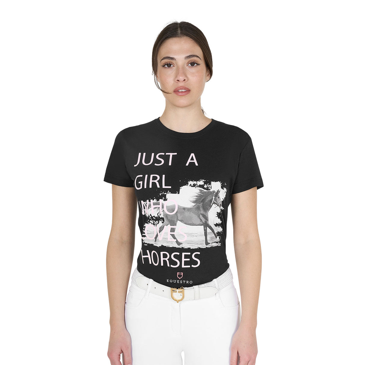 Equestro Women's Horse Lover Cotton T-Shirt #colour_black