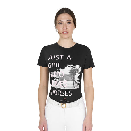 Equestro Women's Horse Lover Cotton T-Shirt #colour_black