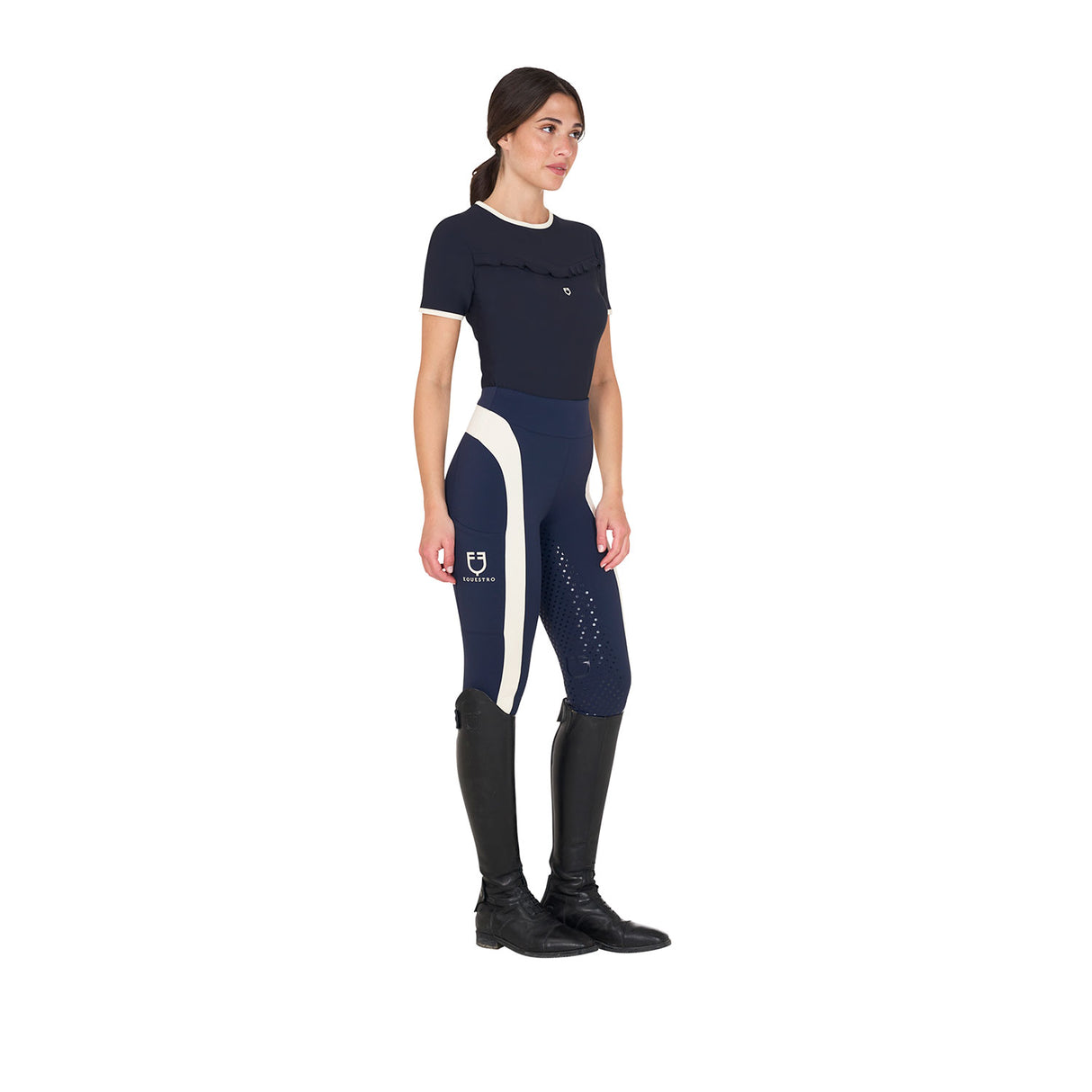 Equestro Women's Full Grip Two-Tone Leggings #colour_blue-white