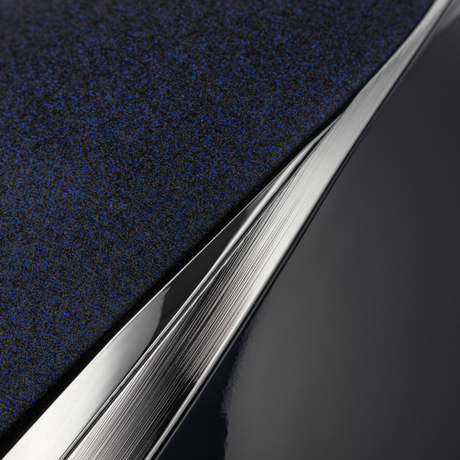 Charles Owen Hyda Sparkly riding hat in Navy Gloss/Chrome, close-up of the sparkly top and chrome trim