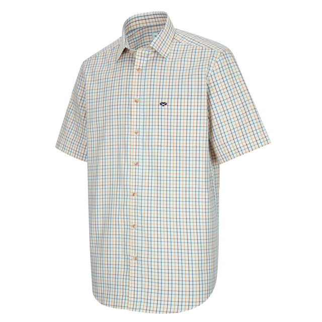 Hoggs of Fife Kessock Men's Short Sleeve Tattersall Shirt #colour_brown-blue-check